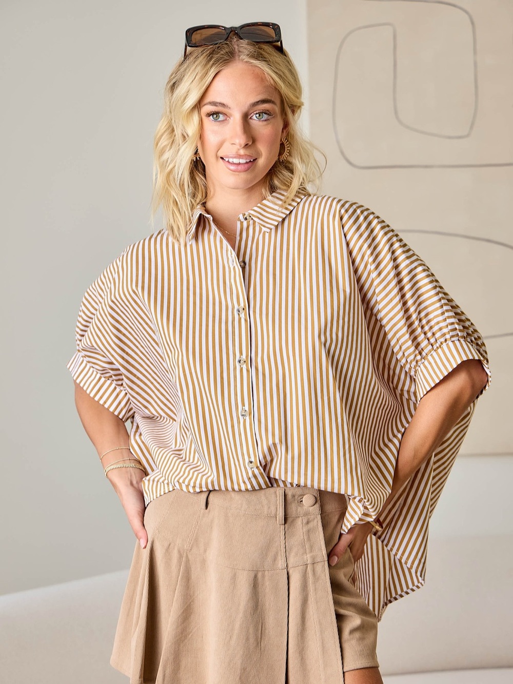 TEAGAN OVERSIZED STRIPED BUTTON DOWN-MUSTARD BROWN
